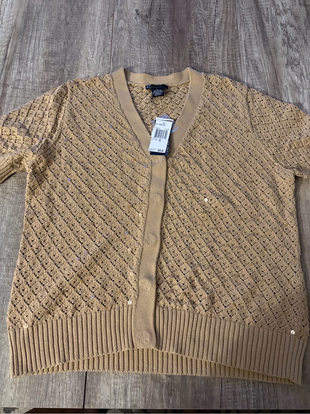 St. Tropez Open-Knit Short Sleeve Cardigan in Camel/Tan with Sequin Detail